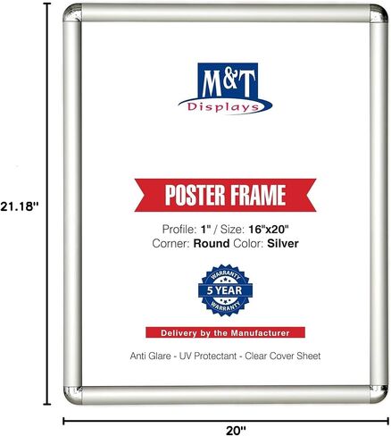 M&T Displays Snap Poster Frame 16x20 Inch Silver 1" Aluminum Profile Front Loading Wall Mounting Picture Photo Document Certificate Sign Holder Round Corner Anti Glare Cover in Saudi Arabia