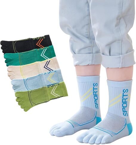 Kids Cotton Toe Socks, Five Finger Athletic Breathable Split Toe Crew Socks for Boys Girls 6-15 Years, 5 Pairs in Saudi Arabia