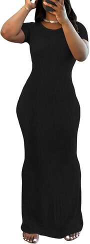 PINSV Women Summer Casual Bodycon Maxi Dress Scoop Neck Short Sleeve Long Dresses Club Party in Kuwait