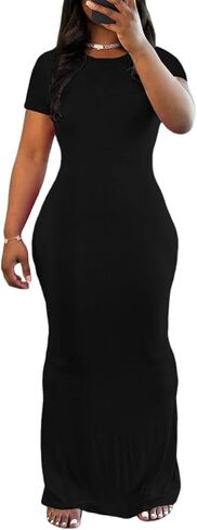 PINSV Women Summer Casual Bodycon Maxi Dress Scoop Neck Short Sleeve Long Dresses Club Party in Kuwait