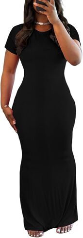 PINSV Women Summer Casual Bodycon Maxi Dress Scoop Neck Short Sleeve Long Dresses Club Party in Kuwait