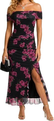 Women Off Shoulder Maxi Dresses Summer Floral Mash Ruffle Split Bodycon Dress for Wedding Guest Dress Cocktail Party in Kuwait
