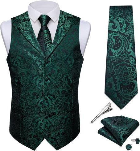 DiBanGu Men's Silk Paisley Vest and Tie Set 5PCS | Dress Vest for Men,Suit Casual Formal Waistcoat,Necktie,Notch Lapel,5 Buttons,2 Real pockets,Wedding,Party,Business,Tuxedo in Kuwait