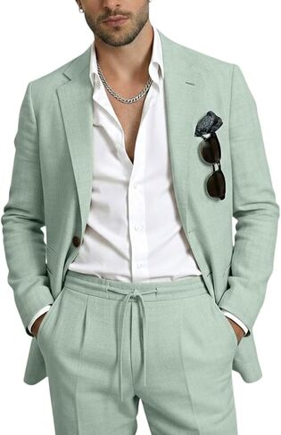 Retro Linen Mens Suit 2 Piece Slim Fit Suits Set Linen Tuxedos Jackets Blazer Pants Summer Beach Wedding Prom for Men in Saudi Arabia