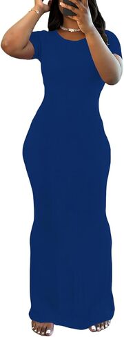PINSV Women Summer Casual Bodycon Maxi Dress Scoop Neck Short Sleeve Long Dresses Club Party in Kuwait