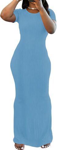 PINSV Women Summer Casual Bodycon Maxi Dress Scoop Neck Short Sleeve Long Dresses Club Party in Kuwait