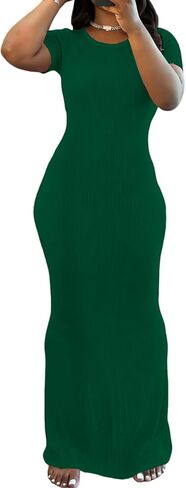 PINSV Women Summer Casual Bodycon Maxi Dress Scoop Neck Short Sleeve Long Dresses Club Party in Kuwait