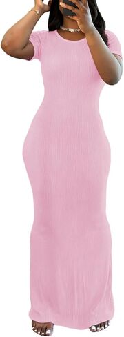 PINSV Women Summer Casual Bodycon Maxi Dress Scoop Neck Short Sleeve Long Dresses Club Party in Kuwait