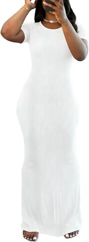 PINSV Women Summer Casual Bodycon Maxi Dress Scoop Neck Short Sleeve Long Dresses Club Party in Kuwait