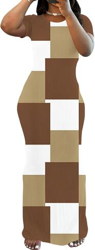 PINSV Women Summer Casual Bodycon Maxi Dress Scoop Neck Short Sleeve Long Dresses Club Party in Kuwait