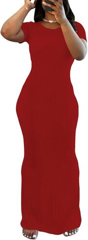 PINSV Women Summer Casual Bodycon Maxi Dress Scoop Neck Short Sleeve Long Dresses Club Party in Kuwait