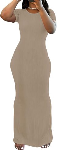 PINSV Women Summer Casual Bodycon Maxi Dress Scoop Neck Short Sleeve Long Dresses Club Party in Kuwait