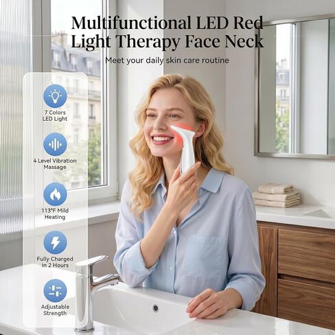 7-Color LED Red Light Therapy Face & Neck Massager - Anti-Aging Facial Sculptor with Heat, Vibration, Lifting, Firming, Timer for Visible Skin Tightening, Rechargeable At-Home Beauty Device in Saudi Arabia