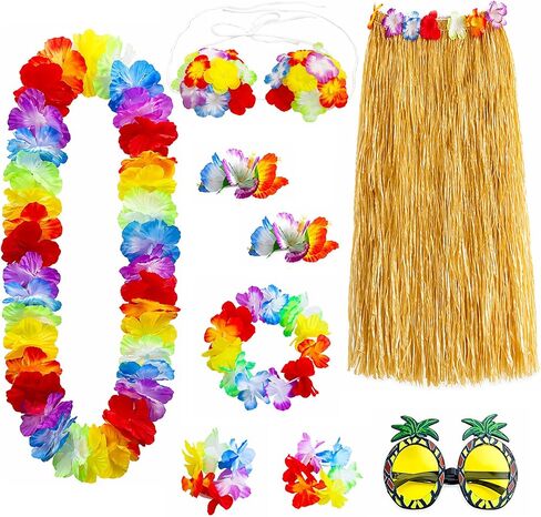 9 Pcs Tropical Luau Costume Set for Women, Grass Skirt with Flower Bikini Top, Pineapple Sunglasses, Lei Necklace, Headband, 2 Wristbands & 2 Hibiscus Hair Clip for Beach Party in Saudi Arabia