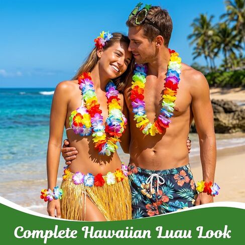 9 Pcs Tropical Luau Costume Set for Women, Grass Skirt with Flower Bikini Top, Pineapple Sunglasses, Lei Necklace, Headband, 2 Wristbands & 2 Hibiscus Hair Clip for Beach Party in Saudi Arabia