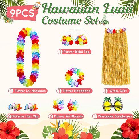 9 Pcs Tropical Luau Costume Set for Women, Grass Skirt with Flower Bikini Top, Pineapple Sunglasses, Lei Necklace, Headband, 2 Wristbands & 2 Hibiscus Hair Clip for Beach Party in Saudi Arabia