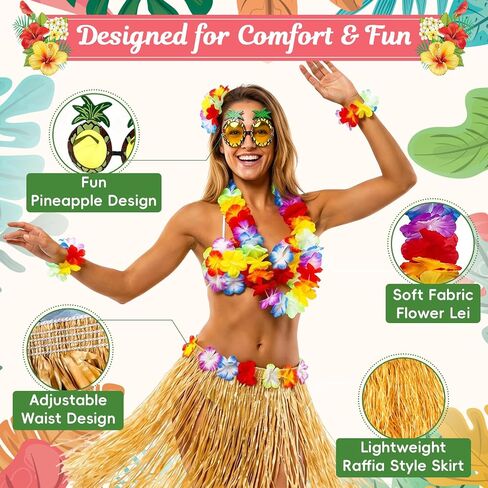 9 Pcs Tropical Luau Costume Set for Women, Grass Skirt with Flower Bikini Top, Pineapple Sunglasses, Lei Necklace, Headband, 2 Wristbands & 2 Hibiscus Hair Clip for Beach Party in Saudi Arabia