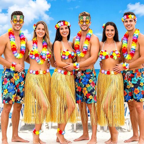 9 Pcs Tropical Luau Costume Set for Women, Grass Skirt with Flower Bikini Top, Pineapple Sunglasses, Lei Necklace, Headband, 2 Wristbands & 2 Hibiscus Hair Clip for Beach Party in Saudi Arabia