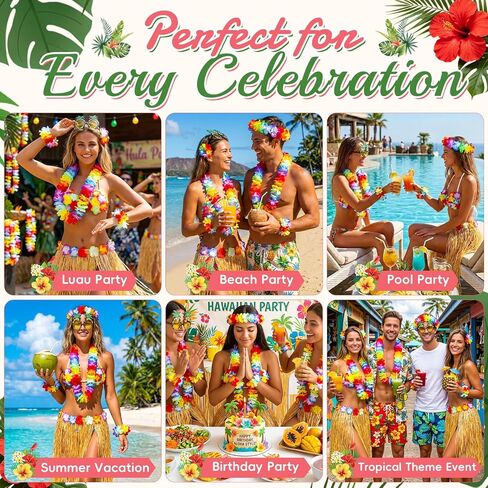 9 Pcs Tropical Luau Costume Set for Women, Grass Skirt with Flower Bikini Top, Pineapple Sunglasses, Lei Necklace, Headband, 2 Wristbands & 2 Hibiscus Hair Clip for Beach Party in Saudi Arabia