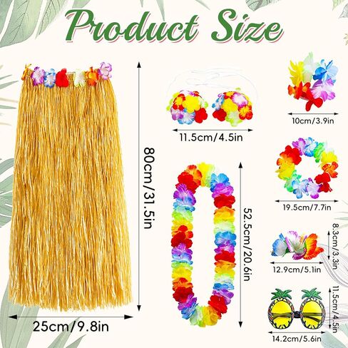9 Pcs Tropical Luau Costume Set for Women, Grass Skirt with Flower Bikini Top, Pineapple Sunglasses, Lei Necklace, Headband, 2 Wristbands & 2 Hibiscus Hair Clip for Beach Party in Saudi Arabia