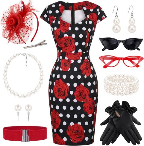 WILDPARTY 1950s Dresses for Women, Vintage Polka Dot Pencil Bodycon Cocktail Tea Party Dress with 10Pcs Accessories Set in Saudi Arabia