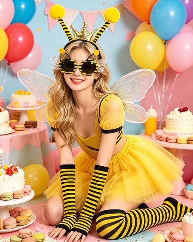 5PCS Bee Costume for Women, Bumblebee Costume Accessories with Tutu Skirt Antenna Headband Sunglasses Arm Warmers Thigh High Socks, Halloween Bee Outfit for Adults Cosplay Yellow in Saudi Arabia