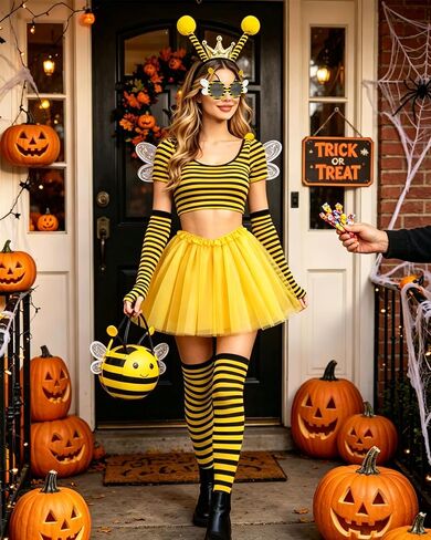 5PCS Bee Costume for Women, Bumblebee Costume Accessories with Tutu Skirt Antenna Headband Sunglasses Arm Warmers Thigh High Socks, Halloween Bee Outfit for Adults Cosplay Yellow in Saudi Arabia