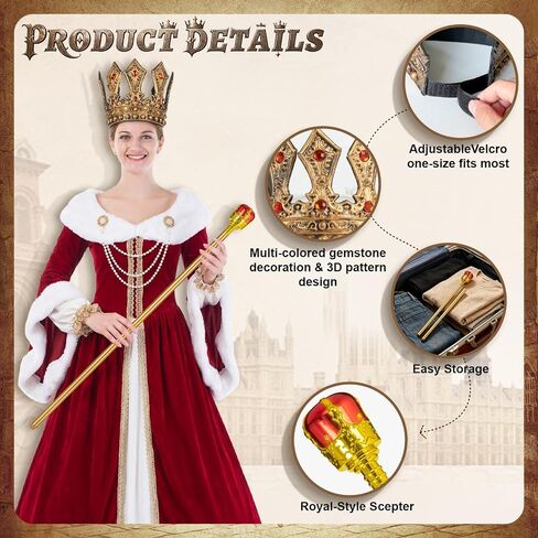 Gold Royal King Crown and Scepter Set, Medieval Costume Accessories for Men/Women Kids Halloween Cosplay in Saudi Arabia