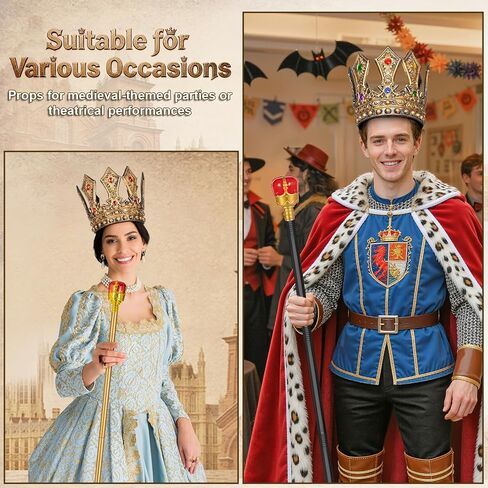 Gold Royal King Crown and Scepter Set, Medieval Costume Accessories for Men/Women Kids Halloween Cosplay in Saudi Arabia