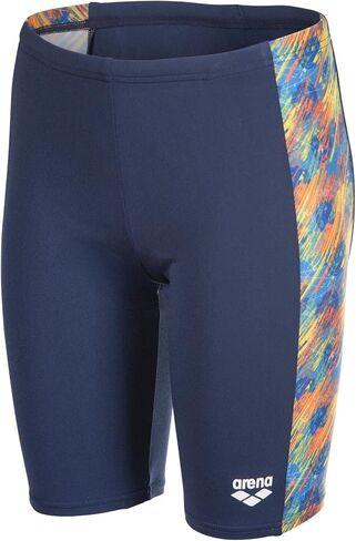 ARENA Performance Boys' Junior Draft Swim Jammer Youth Trunks Internal Drawstring Training Bathing Suit Regular Frequent Competitive Swimmer, Navy Blue/Orange Multi, US Size 14-16 Jr/30 in Kuwait