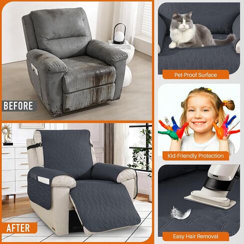 100% Waterproof Recliner Chair Covers,Non-Slip Chair Cover Dog Furniture Protector Recliner Covers Washable Slipcover with Pocket,Elastic Straps for Pets,Dogs,23.6",Dark Gray in Saudi Arabia