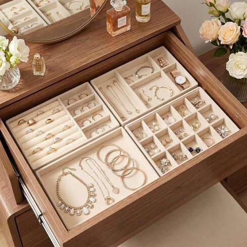 Velvet Jewelry Organizer for Drawers Stackable Storage Inserts Set Beige Drawer Organizer Inserts Small Jewelry Trays for Earrings Rings Necklaces Set of 4 in Saudi Arabia