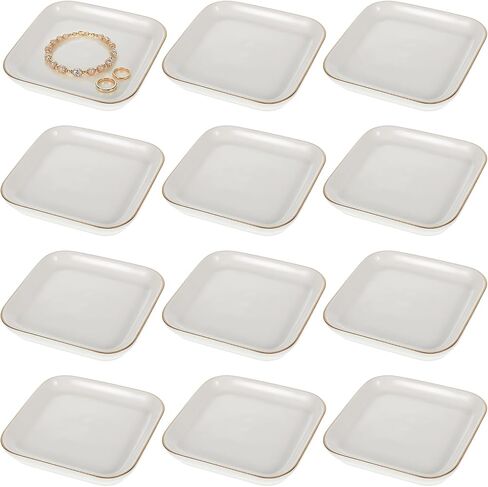 12 Pack Ceramic Jewelry Trays, 4.53 Inch Square Jewelry Dish with Gold Rim, Small Ring Dish Holder for Dresser Vanity, Stackable Decorative Tray, Earring Organizer for Display in Kuwait