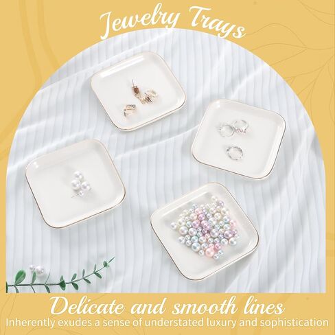 12 Pack Ceramic Jewelry Trays, 4.53 Inch Square Jewelry Dish with Gold Rim, Small Ring Dish Holder for Dresser Vanity, Stackable Decorative Tray, Earring Organizer for Display in Kuwait