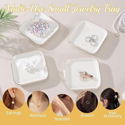 12 Pack Ceramic Jewelry Trays, 4.53 Inch Square Jewelry Dish with Gold Rim, Small Ring Dish Holder for Dresser Vanity, Stackable Decorative Tray, Earring Organizer for Display in Kuwait