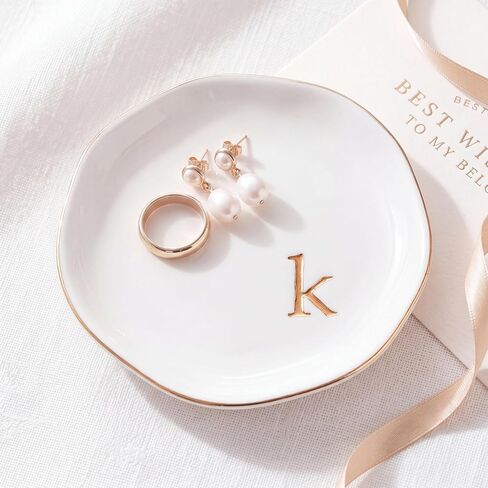 Ceramic Jewelry Tray, Personalized Initial Jewelry Dish for Rings Earrings Necklaces Bracelets, White Letter S Initial Ring Dish for Vanity, Birthday Mother's Day Christmas Gift for Women, 4.5 Inch in Saudi Arabia