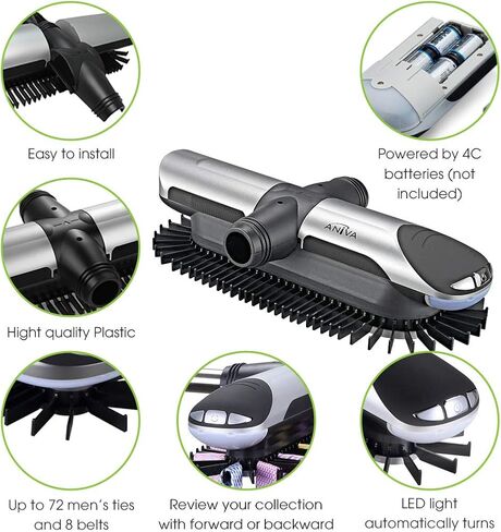 Aniva Motorized Tie Rack Closet Organizer with LED Lights Includes J Hooks for Wired Shelving Stores Up to 72 Ties & 8 Belts, Operates with Batteries in Saudi Arabia