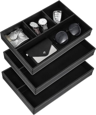 3 Pieces Faux Leather Valet Tray Set, Stackable Jewelry Organizer with Soft Lining, Dresser Storage Box for Nightstand, Key, Wallet, Watch, Phone, Sunglass, Coin, Black in Saudi Arabia