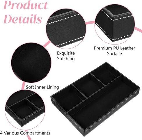 3 Pieces Faux Leather Valet Tray Set, Stackable Jewelry Organizer with Soft Lining, Dresser Storage Box for Nightstand, Key, Wallet, Watch, Phone, Sunglass, Coin, Black in Saudi Arabia