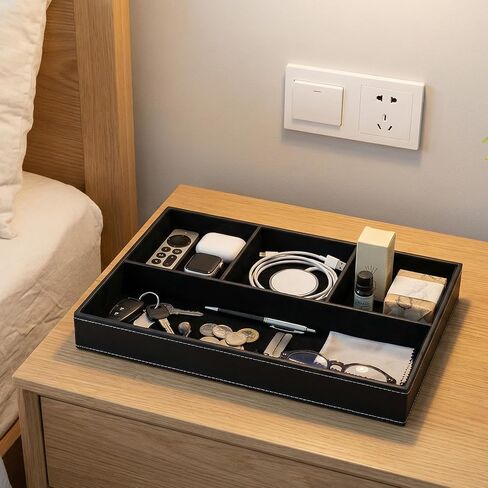 3 Pieces Faux Leather Valet Tray Set, Stackable Jewelry Organizer with Soft Lining, Dresser Storage Box for Nightstand, Key, Wallet, Watch, Phone, Sunglass, Coin, Black in Saudi Arabia