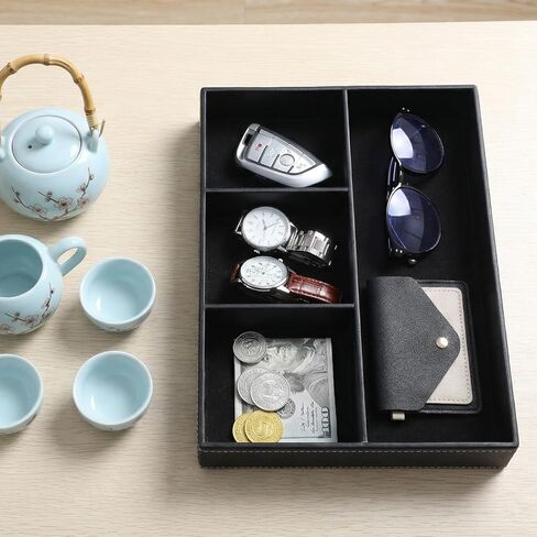 3 Pieces Faux Leather Valet Tray Set, Stackable Jewelry Organizer with Soft Lining, Dresser Storage Box for Nightstand, Key, Wallet, Watch, Phone, Sunglass, Coin, Black in Saudi Arabia