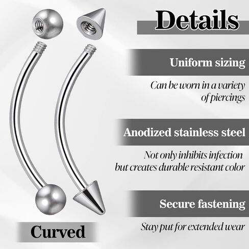 16 PCS Eyebrow Piercing Jewelry, Stainless Steel Vertical Labret Curved Barbell Tiny Lip Rings Ear Rook Helix Conch Daith for Women Men 6mm/8mm/10mm/12mm in Saudi Arabia