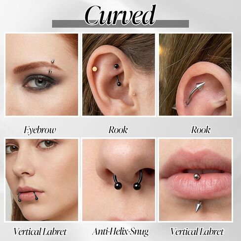 16 PCS Eyebrow Piercing Jewelry, Stainless Steel Vertical Labret Curved Barbell Tiny Lip Rings Ear Rook Helix Conch Daith for Women Men 6mm/8mm/10mm/12mm in Saudi Arabia