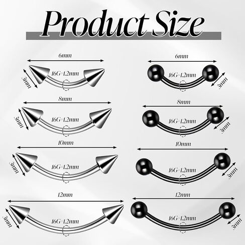 16 PCS Eyebrow Piercing Jewelry, Stainless Steel Vertical Labret Curved Barbell Tiny Lip Rings Ear Rook Helix Conch Daith for Women Men 6mm/8mm/10mm/12mm in Saudi Arabia