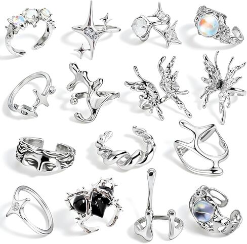 15 Pcs Y2k Rings Silver For Women Punk Grunge Goth Gothic Coquette Adjustable Vintage Irregular Rings Moonstone Butterfly Star Cool Statement Ring Y2k Aesthetic Accessories Jewlery Gift in Saudi Arabia