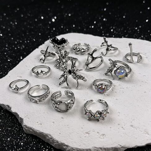 15 Pcs Y2k Rings Silver For Women Punk Grunge Goth Gothic Coquette Adjustable Vintage Irregular Rings Moonstone Butterfly Star Cool Statement Ring Y2k Aesthetic Accessories Jewlery Gift in Saudi Arabia