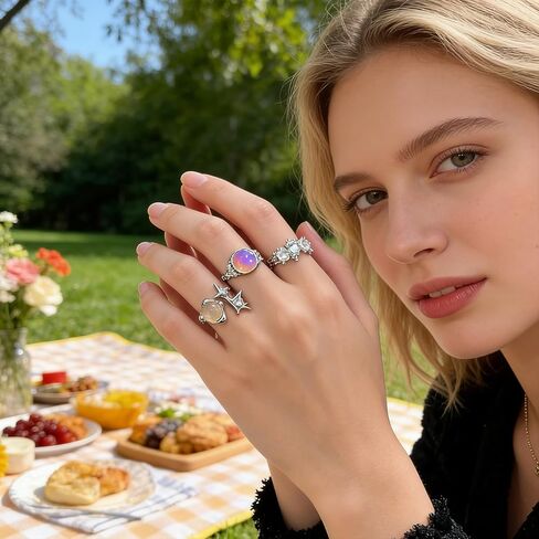 15 Pcs Y2k Rings Silver For Women Punk Grunge Goth Gothic Coquette Adjustable Vintage Irregular Rings Moonstone Butterfly Star Cool Statement Ring Y2k Aesthetic Accessories Jewlery Gift in Saudi Arabia