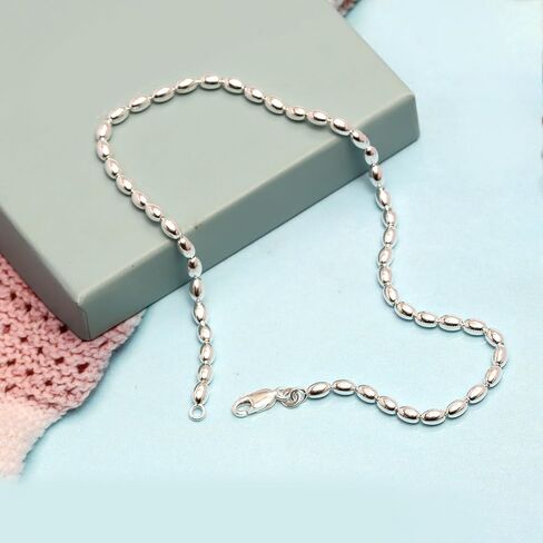LeCalla Anklets for Women | 925 Sterling Silver Oval Bead Ball Chain Anklet | Oval Rice Bead Strand Chain Anklet for Women | Ankle Bracelets Summer Beach Foot Jewelry in Kuwait