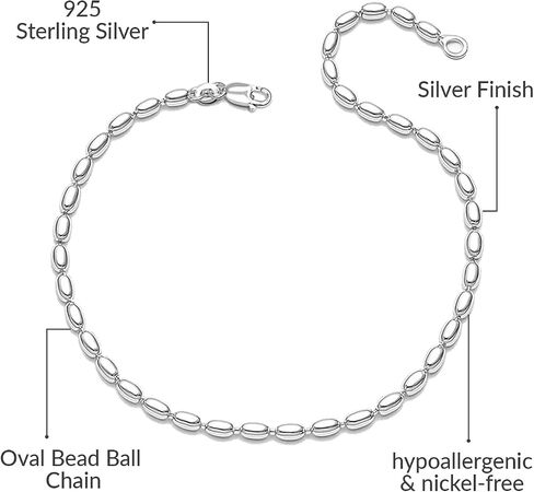 LeCalla Anklets for Women | 925 Sterling Silver Oval Bead Ball Chain Anklet | Oval Rice Bead Strand Chain Anklet for Women | Ankle Bracelets Summer Beach Foot Jewelry in Kuwait
