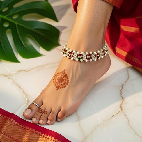 Efulgenz Indian Bridal Anklet Bollywood Crystal Faux Pearl Wedding Bridal Anklet Pair Bracelet Payal Foot Jewelry for Women in Kuwait
